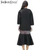 TWOTWINSTYLE Streetwear Long Trench Coat For Women Windbreaker Autumn Vneck Fishtail Hem Seethrough Grid Fashion 201030