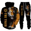 Cool 3d tiger djur tryckt hoodie sweatshirt + svett byxor kostym höst och vinter mode män 2 st Sport Wear Tracksuit set y1221