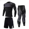 Running Sats Jogging Herrens fulla kostym Tracksuit 3-PC / Set Rash Guard Male Compression Leggings Bodybuilding T-shirt Snabb torr set1