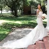 Mermaid Long Sleeves Dresses Illusion Lace Applique Chapel Train Garden Plus Size Wedding Bride Gown Vestido De Novia