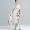 Women's Runway Dresses Sexy Low V Neck Long Sleeves Split Front Floral Printed High Street Fashion Long Designer Dresses