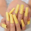偽の爪特別な長い固形色の黄色の偽のフルカバー光沢ジェルネイルキットスクエアサロン爪のヒント女性マニキュアprud22