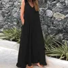 Zanzea Summer Solid Maxi Long Sundress Moda Kobiety Ruffles Sukienka Bohemian V Neck Bez Rękawów Beach Vestido Bawełniane Dresses Y0118