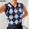 England Style Argyle Plaid Knit Sweater Vest Women Sleeveless V Neck Crop Top Casual Autumn Outwear Clothes Y2K Tops femme 201123