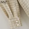 NSZ Kadınlar Houndstooth Tweed Ceket Yün Boylu Ekose Gömlek Ceket Inci Düğme Bluz Ceket Checked Dış Giyim Streetwear Güz 201106