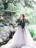 Black Tulle A Line Wedding Dresses 2021 Gothic Country Long Sleeves V Neck Lace Appliqued Bridal Gowns Backless Sexy robes de mariée AL8638