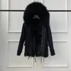 Мода черного енот меховой отделки Мукл мех бренд черный мех лисы выстроилась черной мини-Parka теплых курток зима снега пальто