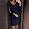 Платье Женщины плюс размер 3XL 7 Цветов Сексуальная V-образная выречка сплошной секвенированный Шитон Сияющий Клуб Оболочка Длинные рукава Партия Мини Платье Y0118