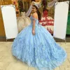 Abiti da quinceanera con fiori di pizzo floreale modesto 3D Abiti da ballo Principessa con spalle scoperte Perle Applique Tulle Sweet 16 Abito Abito da spettacolo messicano