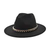 Szerokie grzbiet czapki miacawor moda fedoras kobiet wełniany łańcuch Jazz Hat Vintage Panama Cowboy Men Black Caps Drop F1111