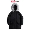 LAPPSTER Winter Long Coat Men Parka Korean Fashions Fur Hooded Jacket Mens Oversized Black Thick Couple Clothes 201119