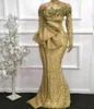 Elegant African Gold Lace Mermaid Formal Evening Dresses For Women 2022 Appliques Beaded Long Sleeve Fashion Ruched Special Occasion Gowns Prom Pageant Dress