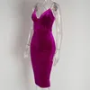 Artsu Velvet Spaghetti Strap Sexy Dress Backless Bodycon High Waist Purple Blue Summer Party Club Midi Dress Women ASDR70161 Y0118