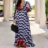 Fashion 2020 Stripe Blommigryck Långärmad Chiffong Klänning Kvinnor African V Neck Ladies Casual Boho Maxi Fall Höst Lång Klänning Y0118