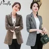 Peonfly Vintage Office Lady Notched Collar Plaid Women Blazer Single Button Autumn Jacket Casual Fickor Kvinnor Kvinnor Coat 201105