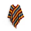 Scarves Stripe Pullover Manto Poncho Mulheres 2021 Outono Inverno Outwear Casual Borla Quente Jumper Tricô Vintage Capes Sweater Cachecol