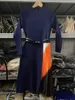 활주로 디자인 여성 새로운 가을 봄 그라데이션 컬러 주름진 스웨터 드레스 우아한 긴 소매 OL 중간 니트 드레스 벨트 201204