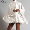 Celmia Large Flare Sleeve Women Party Mini Dresses Stand Collar Solid 2022 New Fashion Satin Short Vestidos Sexy Backless Robes Y220214