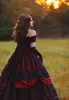 Gothic Belle Red Black Upcale Fantasy Wedding Dresses Gown Exponed Bening Corset Lace Applique Beading Victorian Masquerade