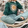 Katoen groene vintage usa zon patroon sweatshirt vrouwen crewneck losse extra grote ontwerper casual tieners meisjes herfst truien 201114