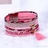 Multilayer Läderarmband Rhinestone Bohemian Tassel Magnetiska Armband Bangles