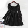 Silk chiffon sexy black retro, flower pattern, fluffy long sleeves, casual style, mini dress,