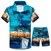 Летняя рубашка с коротким рукавом костюм мужчины мода цветочные принты печать гавайские рубашки + пляжные шорты повседневная пляжная одежда наборы вечении homme g1222