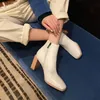 Hot Sale 2020 Winter Simple Square Toe High Thick Heel Women's Short Solid Color Leather White Boots