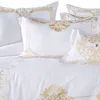 Queen Super King size Bedding set White Egyptian Cotton Gold Embroidery Duvet cover Bed sheet Fitted sheet parrure de lit ropa 201022