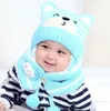 Hiver bébé garçon filles chaud dessin animé ours chapeaux tricotés avec boule de cheveux oreillette + foulard 2 pièces ensemble pour 0-2T bébé bambin headdress1