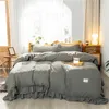 Solid Color Ruffled White Duvet Cover Bed sheet Pillowcase Queen Twin King Washed Microfiber 3/4Pcs Bedding Sets Soft Breathable 201021