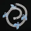 12mm Hip Hop Shining Colorful Cubic Zircon Cuban Chain Link Bling Tennis Chain Charm Butterfly Pendant Graduated Jewelry