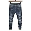 Mens Jeans Mörkblå Slim Straight Stretch Höst Vinter Vanlig Fit Business Casual Denim Byxor Män Långa Byxor Storlek 40 G0104