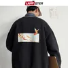 Mode-Lappster Mannen Fleece Oversized Fish Print Hoodies Herfst Mens Harajuku Streetwear Sweatshirts Hoodie Koreaanse Black Hoodie