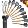 12 stks Siliconen Keukengerei Set NonStick Spatel Shovel Houten Handvat Kookgerei met Opbergdoos Keukenaccessoires 201022