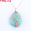 Wojiaer Natural Quartz Opal Stone Pendant Necklace Rose Gold Handmased Tree of Life Wrapped Drop Shaped Crystal Reiki Bo901