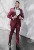 Slim Fits Wine Red Men Work Business Suits Three Pieces Man Prom Party Dresses Groom Tuxedos (Jacket+Pants+Vest+Tie) W1140