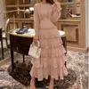 Vestido largo bordado de encaje rosa para mujer Otoño Invierno manga larga cintura alta volantes elegantes vestidos largos de fiesta mujer 2022