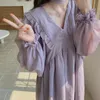 Robe Femmes Solide Ulzzang Loisirs Belle Preppy Style Étudiant Doux Filles En Mousseline De Soie D'été Col En V Rétro Vintage Baggy Lâche Maxi Y0118