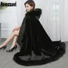 Nerazzurri black hooded cloak vintage women loose oversized long faux fur cape coat with faux fox fur trim thick warm cloak 2010297300131