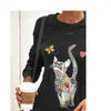 Linda impresión de gato Tops casuales Camiseta de las mujeres de manga larga de manga larga Tamaño de la historieta de otoño camisetas para mujer 3xl 4xl azul negro camisas