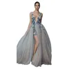 Sexy Berta High Slit de Promo Prom Vestidos Boêmio Estilo Backless Straps com Lace Navy Frisado Longo Vestidos Formal de Noite Fitted Cocktail Festa desgaste