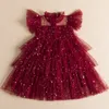 Pailletten-Partykleid für Mädchen, glänzendes Sternmuster, Schleife, Regenbogen, bunt, Kostüm, Kinder, Weihnachten, Jahr, Kind 220309