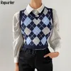 England Style Argyle Plaid Knit Sweater Vest Women Sleeveless V Neck Crop Top Casual Autumn Outwear Clothes Y2K Tops femme 201123