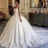 Gothic White Satin Wedding Dresses Princess Ball Gown Lace Appliqued Bridal Gowns V Neck Long Sleeves Court Train Plus Size Marriage Dress