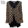 Yitonglian Winter Women Plus Size Patchwork Vネックレースアップリケフレアシフォン長袖フェミニンプリントシャツ8XL T200321