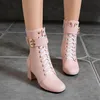 Winter De nieuwe mode Britse stijl Round Head Hog Heel Boots Black White Pink Side Zipper High Heel Dames Laarzen1
