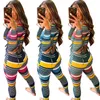 Красочные полосатые два частя набор женщин одежда 2021 трексуит с низким разрезанным топами длинные брюки вскользь спортивная одежда 2 кусок наряд для женщин