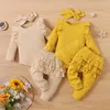 Ensembles de vêtements pour enfants filles tenues de couleur unie infantile manches volantes hauts à rayures + pantalons à volants + bandeau 3 pièces/ensemble printemps automne mode bébé vêtements