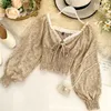 Autumn New Korean Lace Up Chiffon Lace Long Puff Sleeve Struct Crop Crots Tops Mulheres Camisas de blusa de cintura alta LJ200811